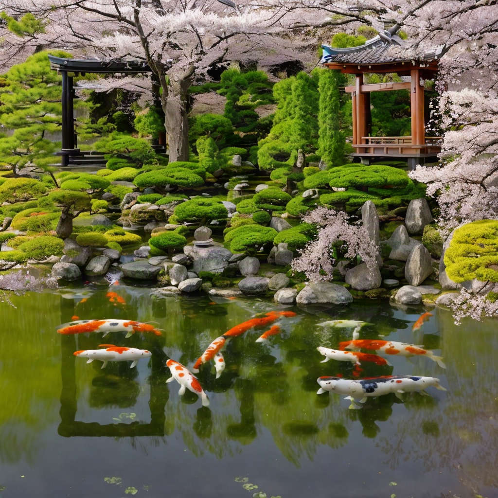 QR code hidden in a Japanese garden koi pond with cherry blossoms